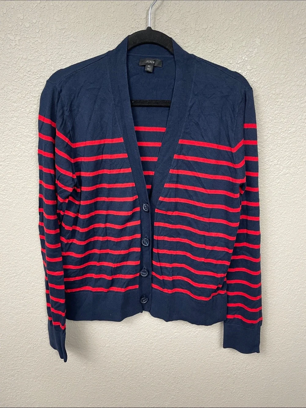 J Crew Cotton Red Navy Patriotic Stripe V Neck Cardigan Sweater Sz XL